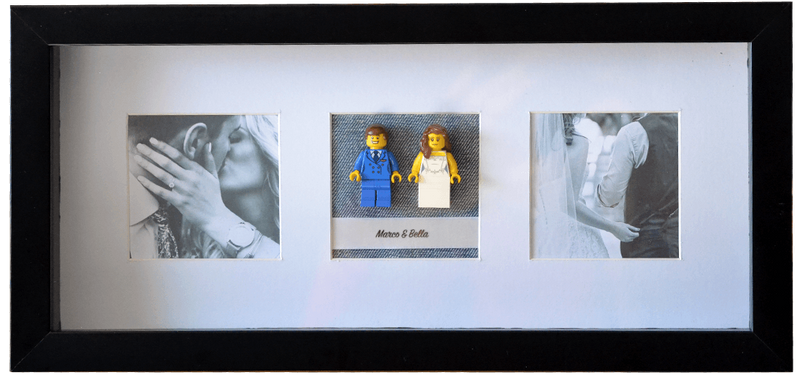 Image of frame with lego couple in the center with two custom pictures on each side.
